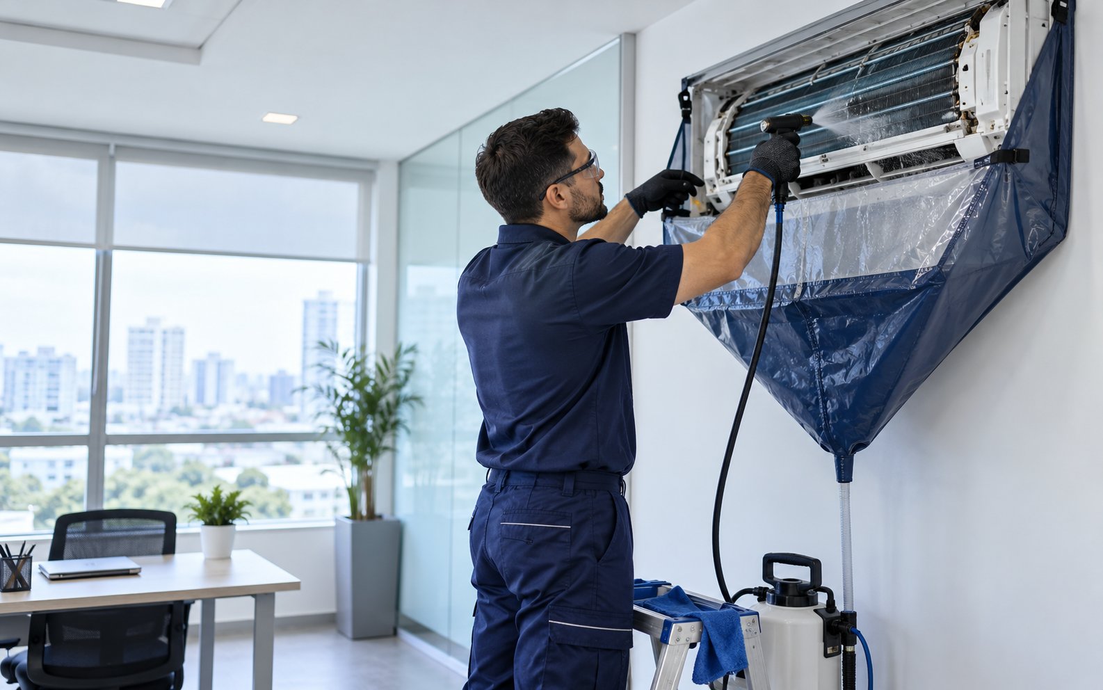 Técnico higienizando um aparelho de ar-condicionado com proteção do ambiente