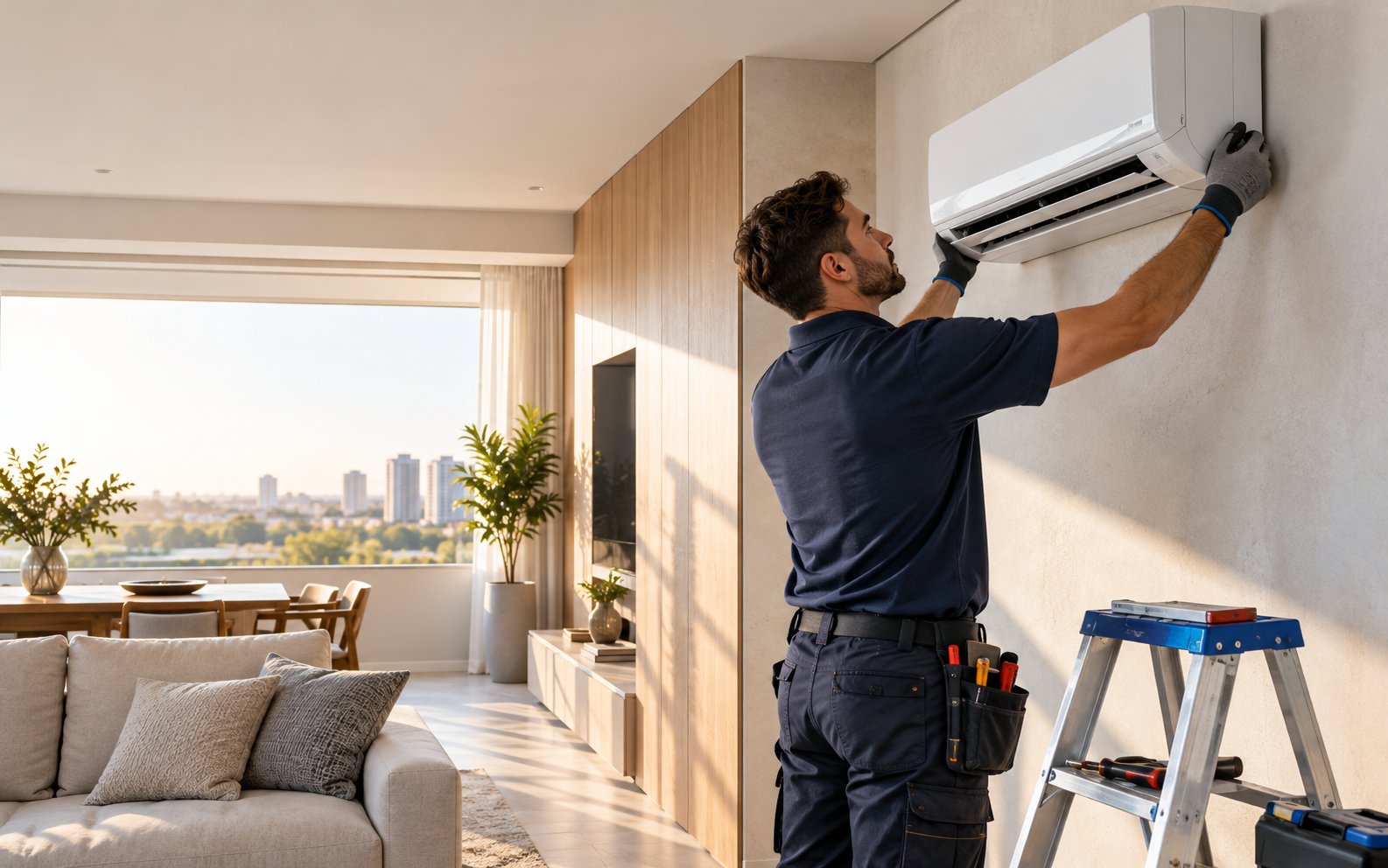 Técnico instalando um aparelho split em um ambiente residencial contemporâneo