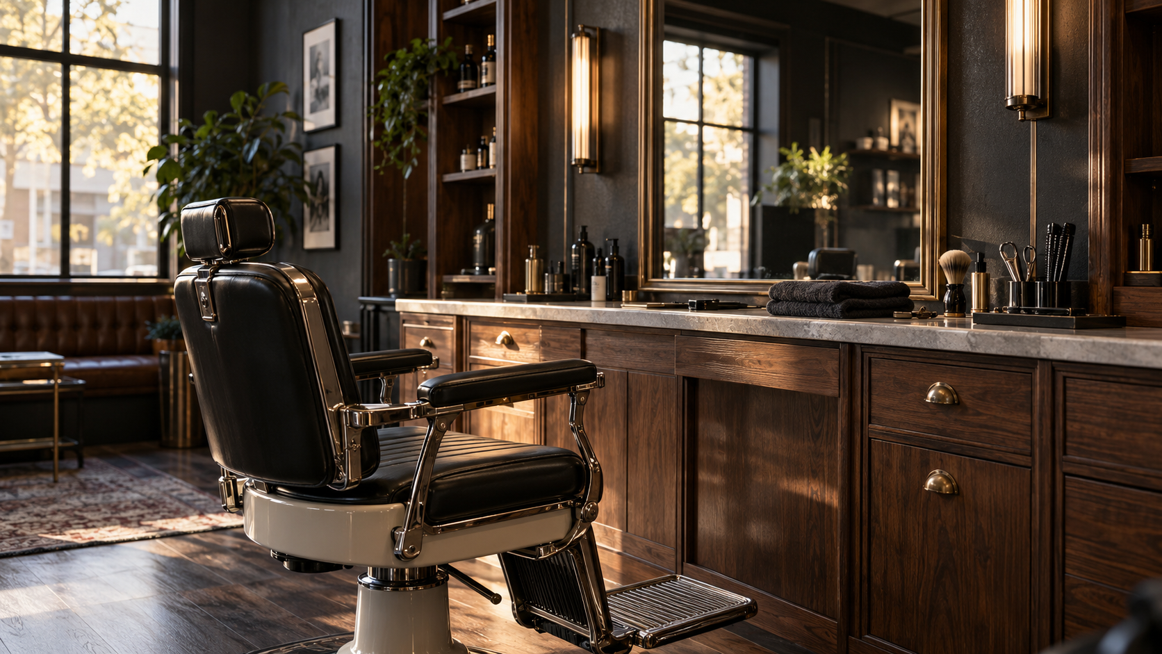 Cadeira e bancada em ambiente de barbearia demonstrativo
