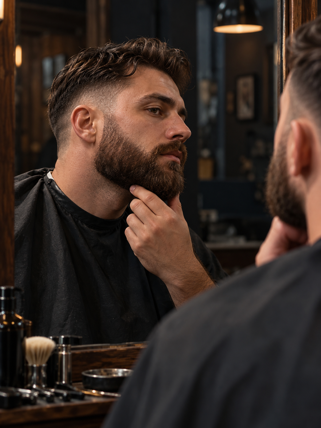 Cliente observando o desenho da barba no espelho, imagem ilustrativa