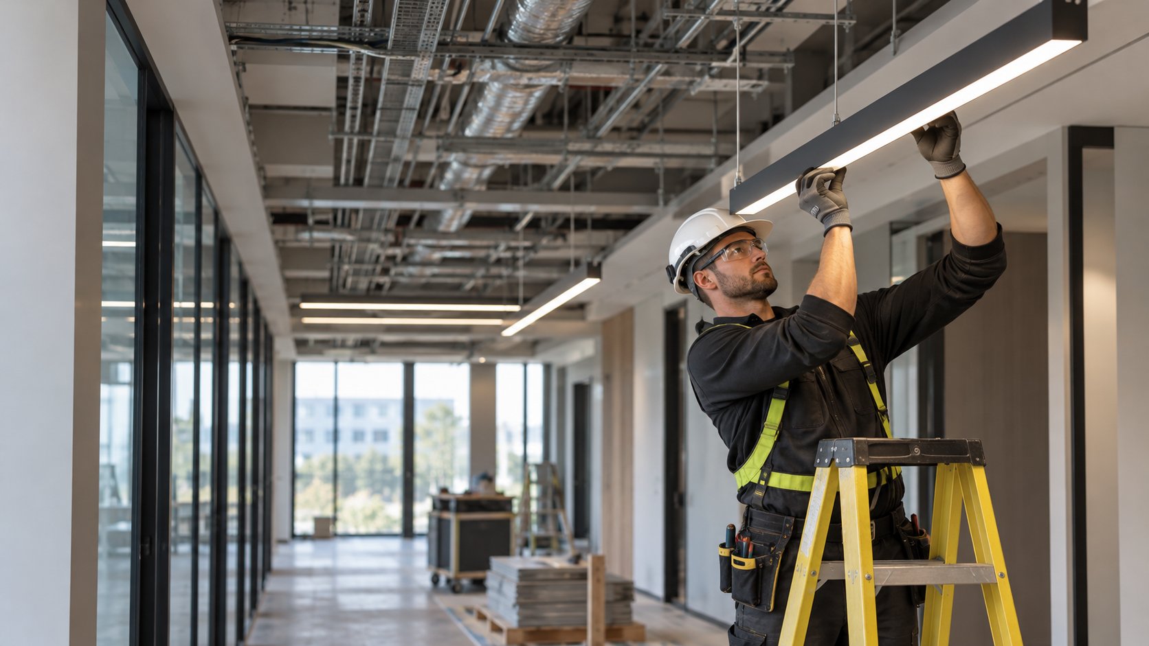 Eletricista instalando luminária em ambiente comercial