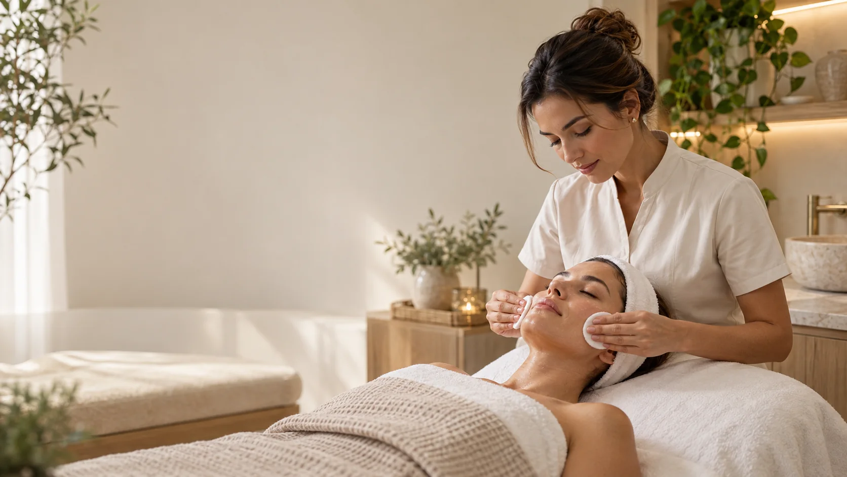 Cuidado facial ilustrativo em atelier de estética com luz natural