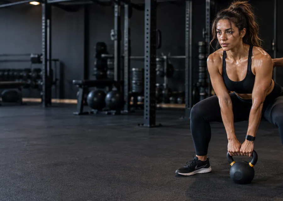 Treinadora orientando uma aluna durante um exercício de força