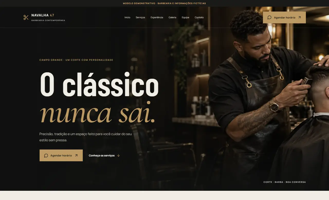Captura do site demonstrativo Navalha 47, segmento Barbearia